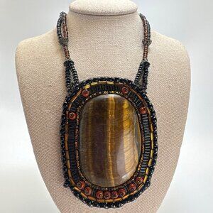 Natural Tiger's Eye Beaded Black & Brown Stone Macrame Necklace Size 17" Length